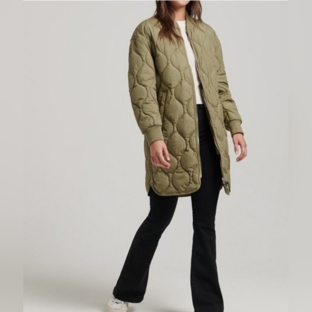 🔥AVEC LES FILLES Heritage Quilted Longline Bomber Coat in Olive Green, Size S